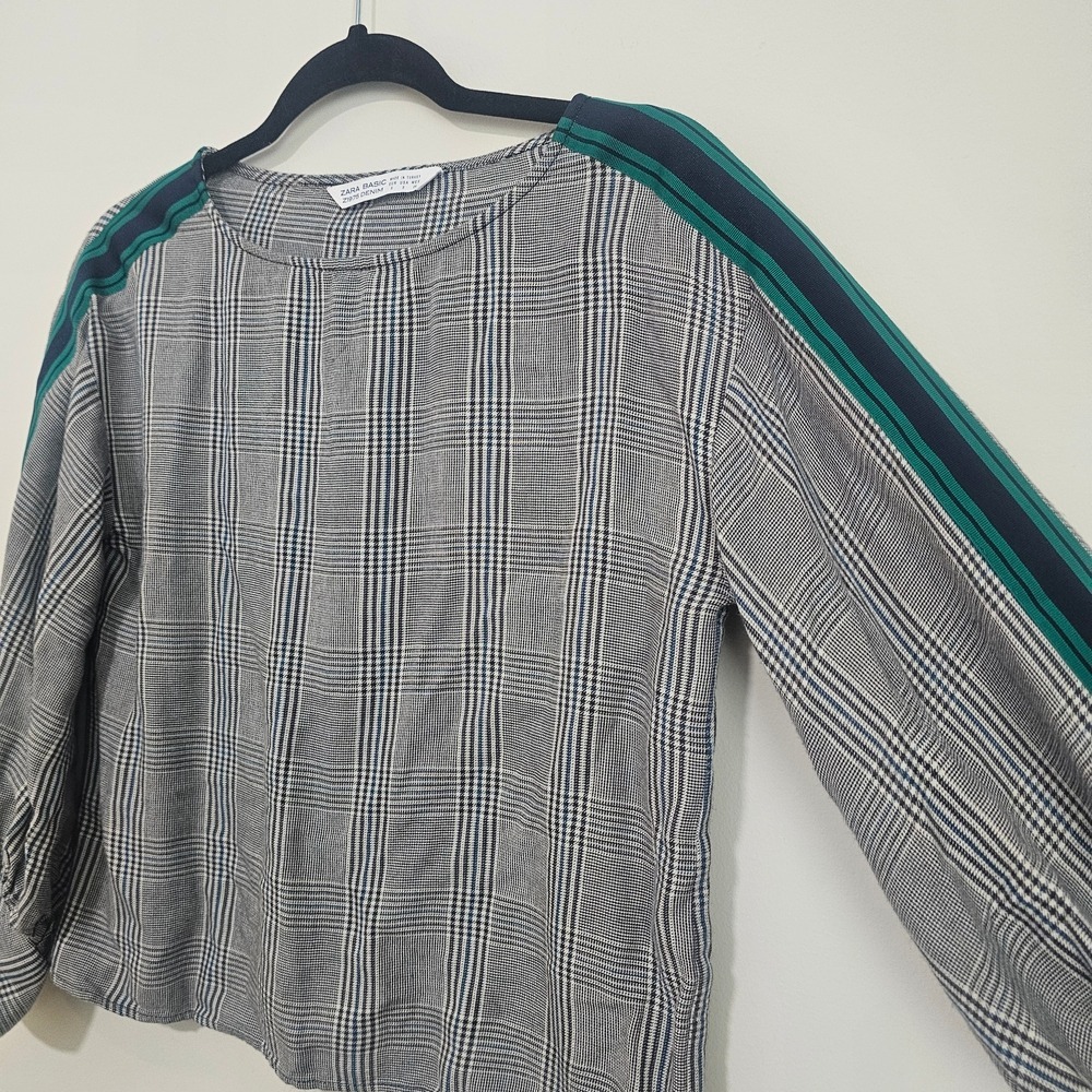 Zara Basic Women Small‎ Grey Plaid Top Green Racing Stripe Puff Sleeve Preppy ~ - Picture 4 of 7